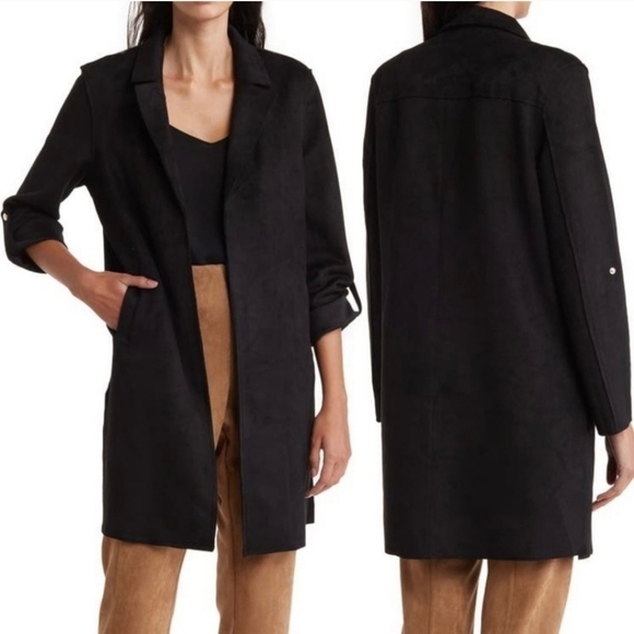 Tahari Black Faux Suede Open Front Duster Jacket - Sz XS - Picture 1 of 15